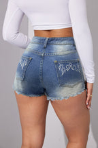 Stylish Non-Stretch Mid-Waist Embroidered Denim Shorts For Women