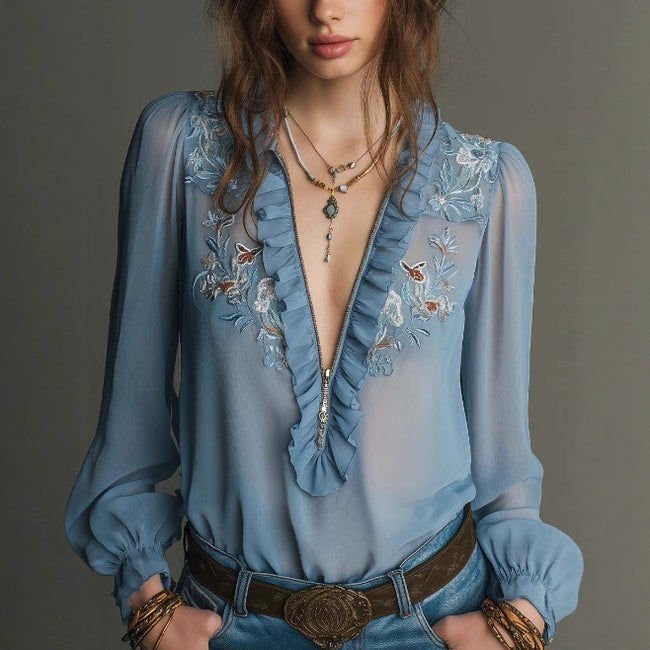Embroidered Ruffle-Trimmed Zipper Chiffon Shirt For Women Hover Image