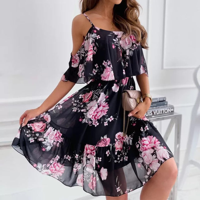 Flower Printed Ruffled Suspender Dress Summer Off-the-shoulder Strap Dresses Women Main Image