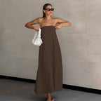 French Style Khaki Cotton Linen Tube Top Vacation Style High Waist Dress