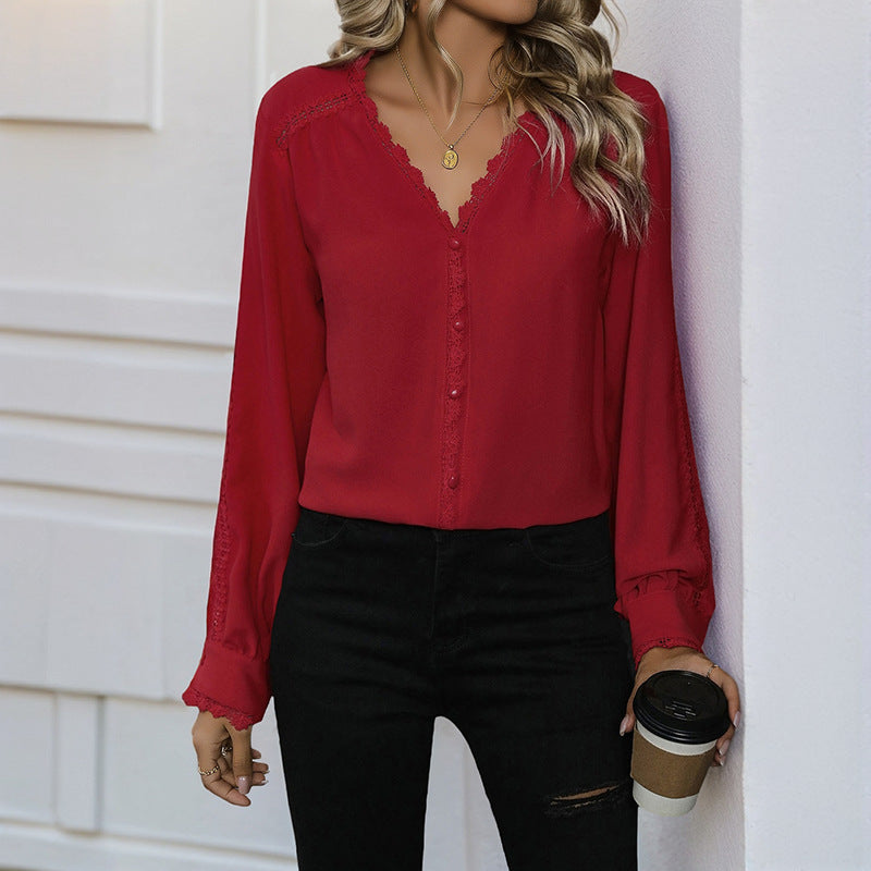Versatile Long-sleeve Red Shirt For Women