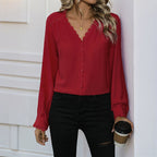 Versatile Long-sleeve Red Shirt For Women